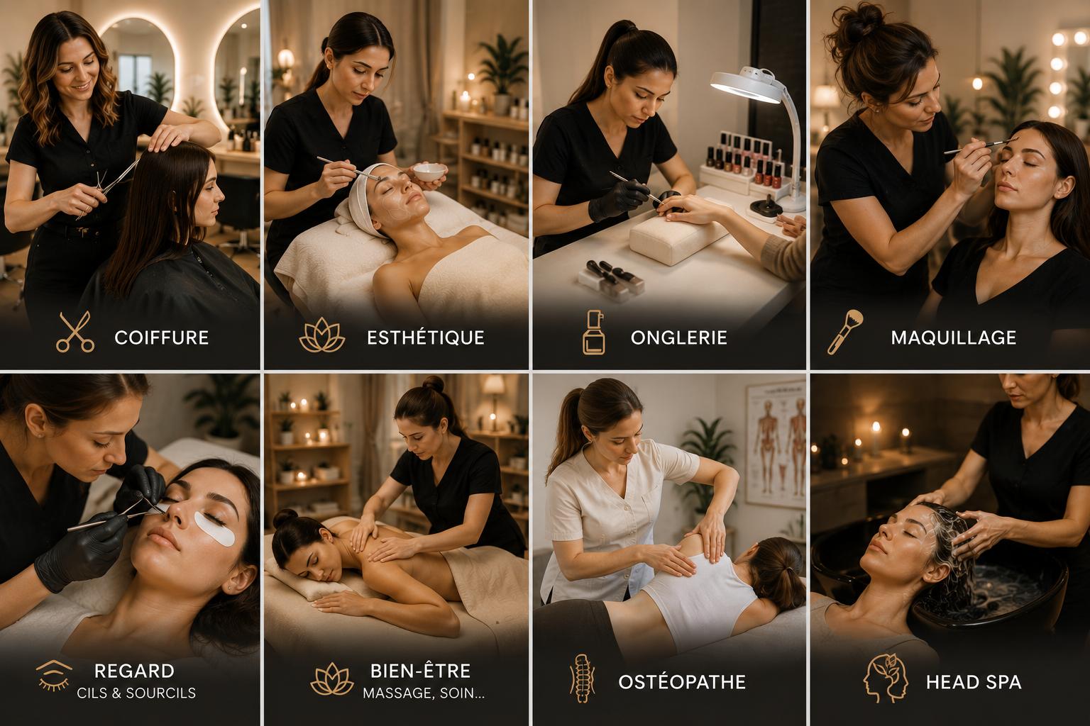Services proposés à La Maison des Artisans Beauté — coiffure, esthétique, onglerie, maquillage, regard, bien-être, ostéopathe, head spa